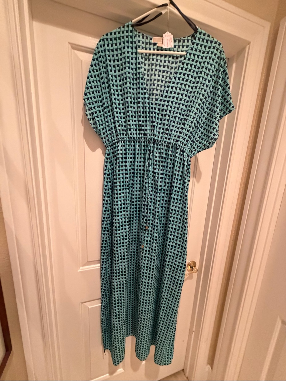 0038. Michael Kors Teal and Black Geo-Print Maxi Dress